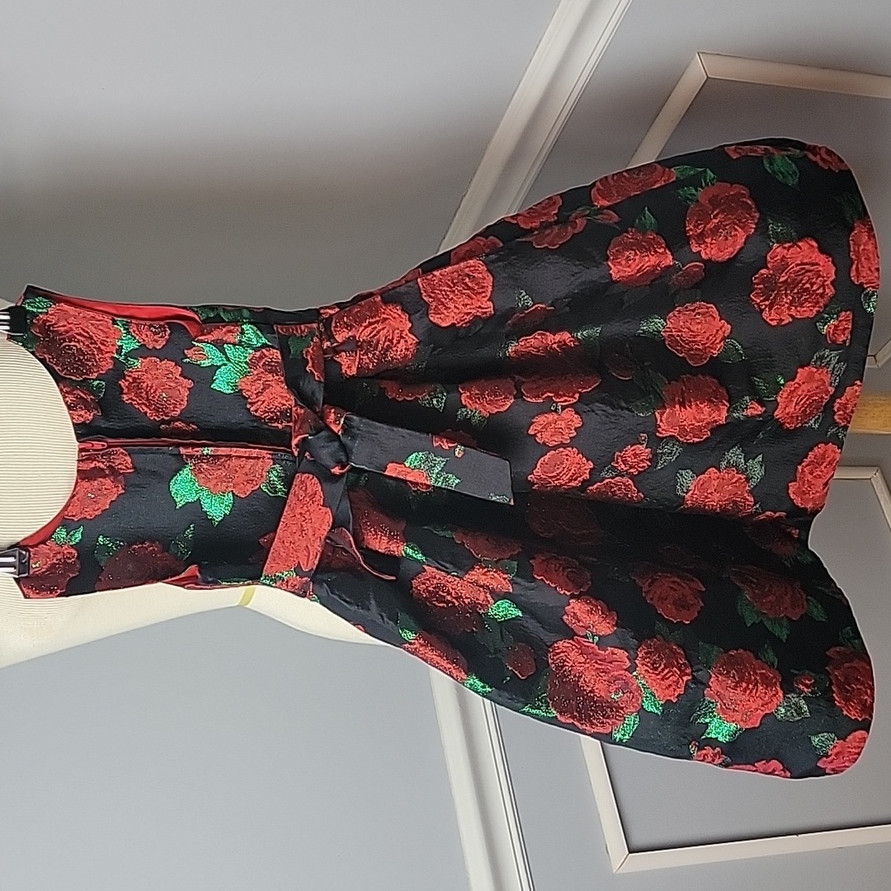 WONDER‎ NATION Black Red Rose Brocade Hi Low Hem Party Dress Faux Fur Shrug 6 - Picture 4 of 12